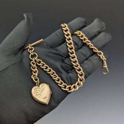 British Antique Rolled Gold Albert Chain 9ct Gold Heart Locket Fob